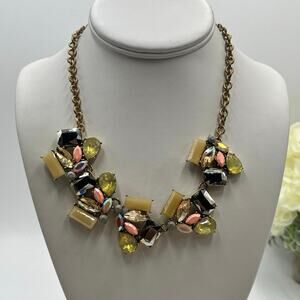 J. Crew Brass Gold Tone Pink Green Gray Beige Opalescent Rhinestone
Necklace